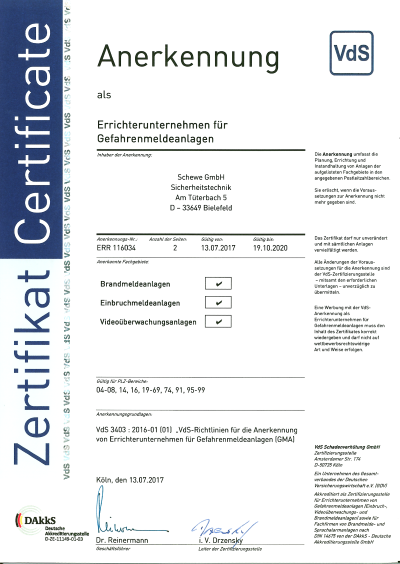 Schewe GmbH nun als VdS- Errichter Video zertifiziert